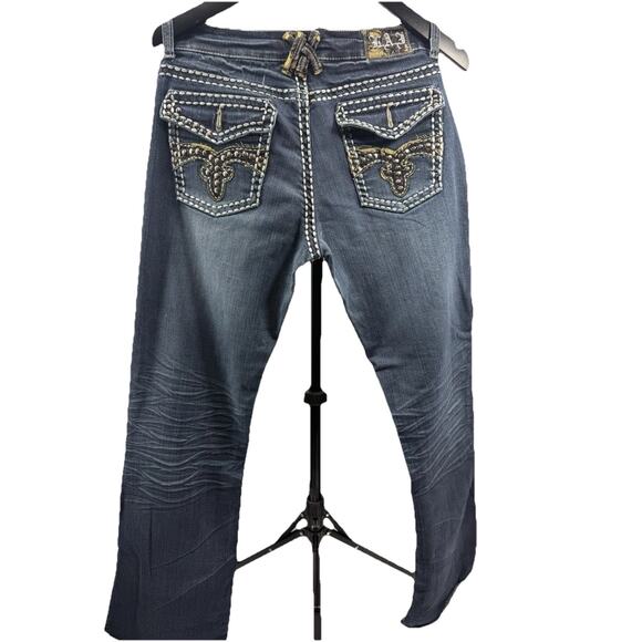 LA Idol USA Women’s Jeans Embellished Flap Pockets Blue Stitching Sz 5 EUC - Picture 3 of 16